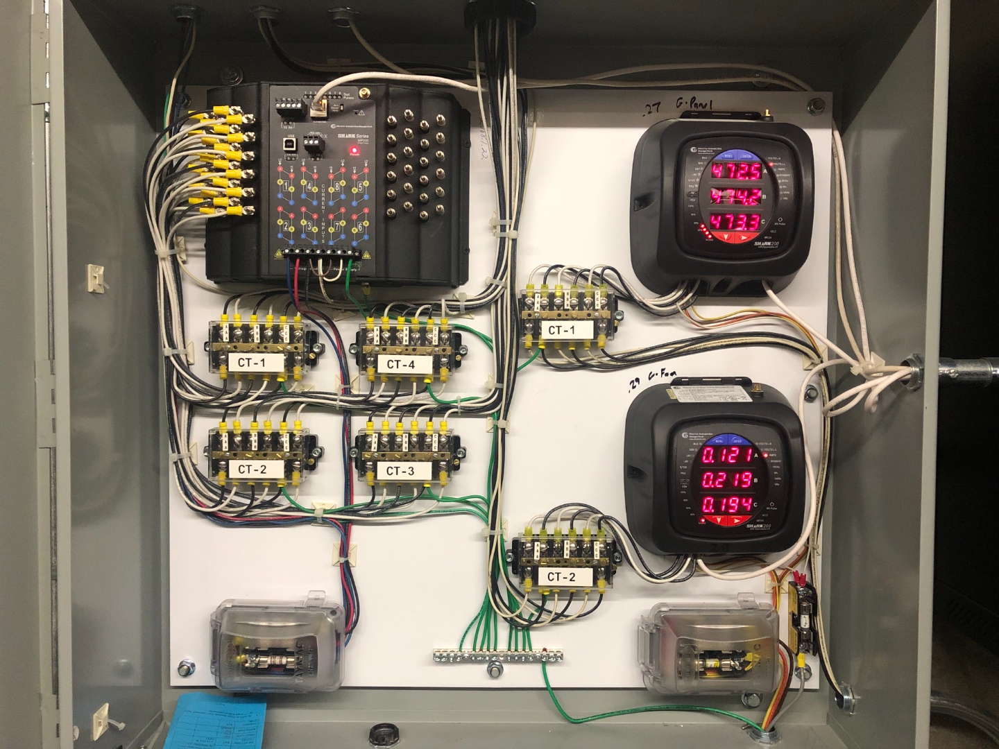 Electro Industries Shark meters and CT current transformers inside the smart metering panel — four CT groups visible
