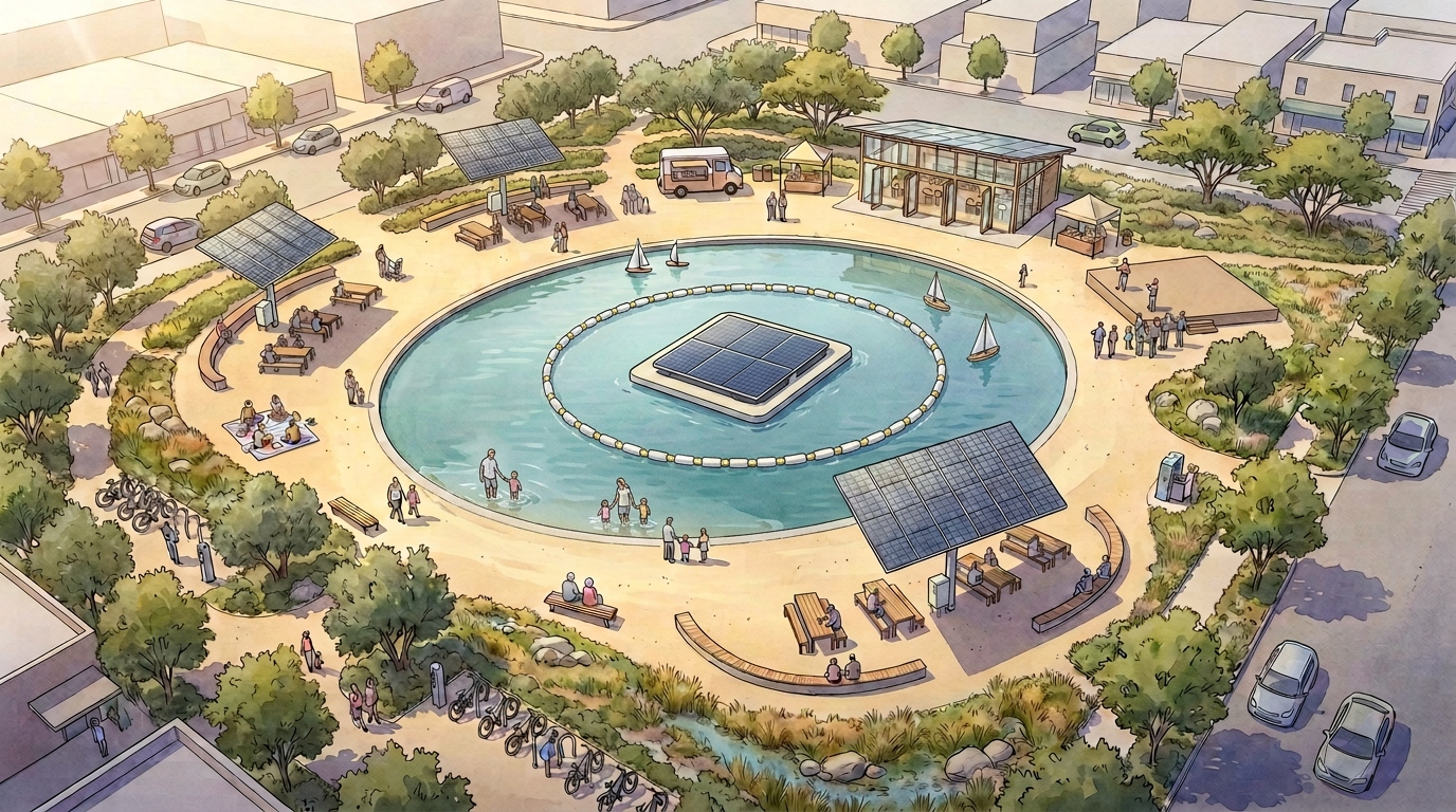 Reference illustration of a Communal Park: dual-axis solar canopies for generation and shade, a central pool for recreation and water purification, mobility charging, a concession pavilion, and community gathering space